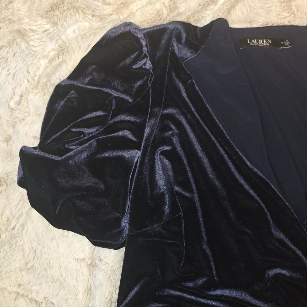 Lauren Ralph Lauren Navy Blue Velvet Wrap Dress - Size 16 - Picture 3 of 8